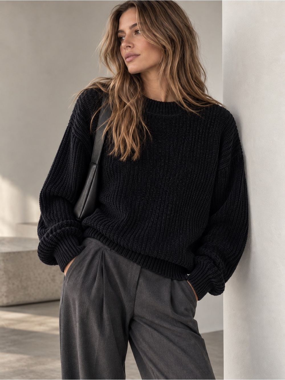 Aritzia Wilfred Essential Chenille Crew Neck Sweater Black Size M